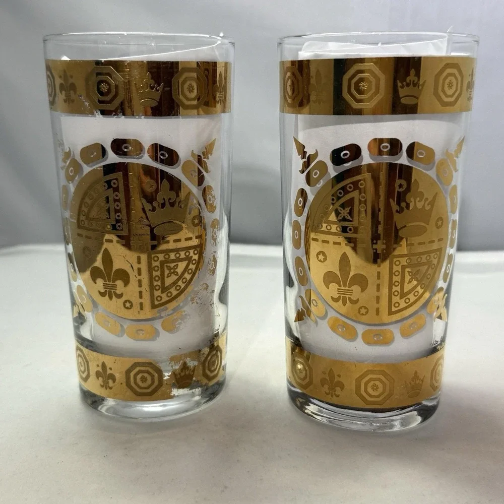 VTG MCM Vito Bari Barware Set 8 Highball Glasses, Ice Bucket & Caddy 22KT Gold